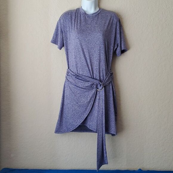 Unbranded Dresses & Skirts - Heather Blue & Black T-Shirt Dress Cinch Tie Waist Casual Short Sleeve Mini**